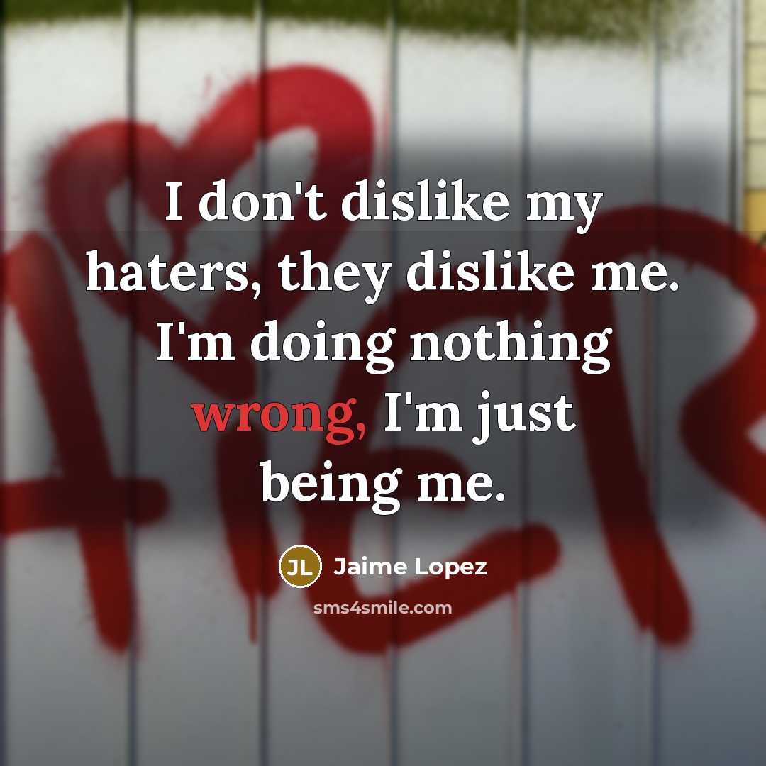 “I don't dislike my haters, they dislike me. I'm doing nothing wrong, I'm just being me.” quote by Jaime Lopez