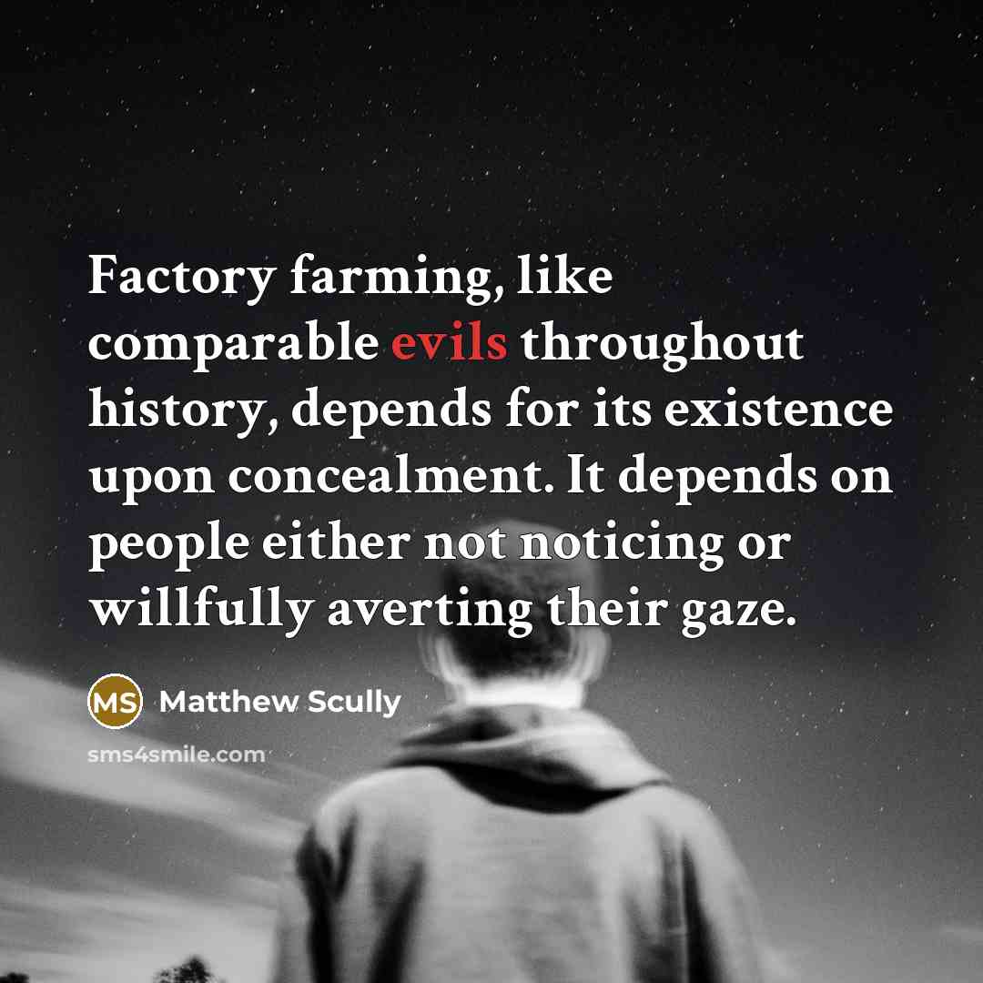 “Factory farming, like comparable evils throughout history, depends for its existence upon concealment. It depends on people either not noticing or willfully averting their gaze.” quote by Matthew Scully