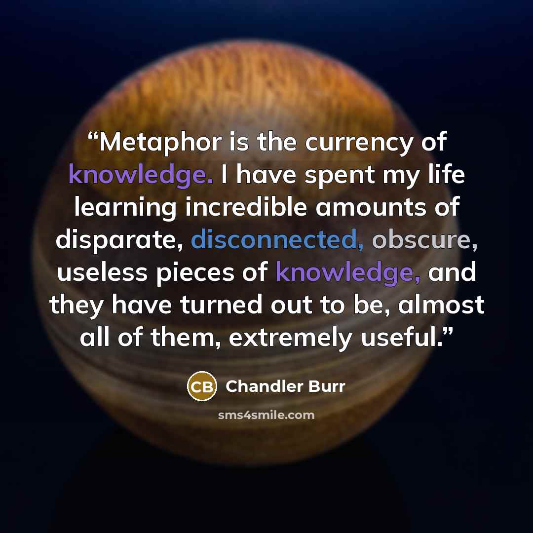“Metaphor is the currency of knowledge. I have spent my life learning incredible amounts of disparate, disconnected, obscure, useless pieces of knowledge, and they have turned out to be, almost all of them, extremely useful.” quote by Chandler Burr