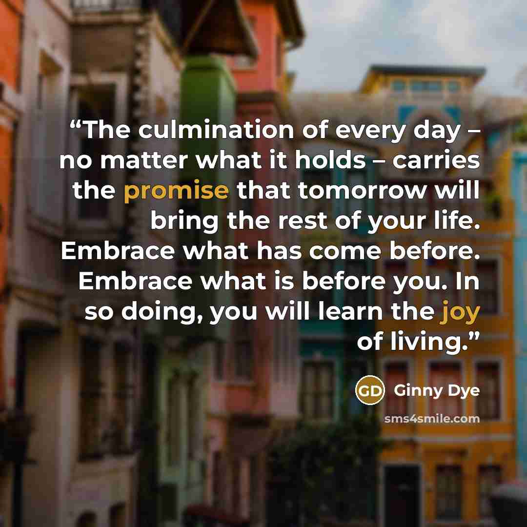 “The culmination of every day – no matter what it holds – carries the promise that tomorrow will bring the rest of your life. Embrace what has come before. Embrace what is before you. In so doing, you will learn the joy of living.” quote by Ginny Dye