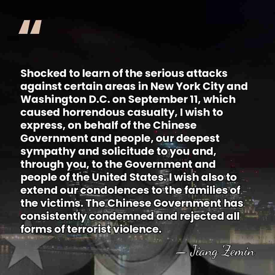 Shocked to learn of the serious attacks against certain areas in New&hellip; - Jiang Zemin