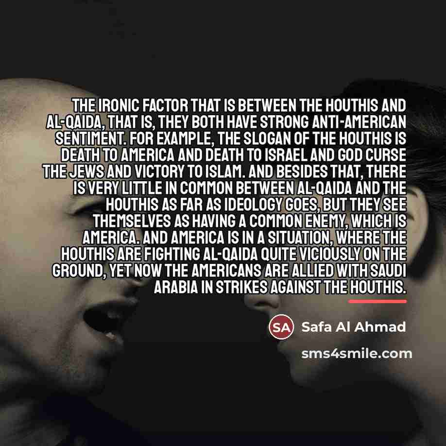 “The ironic factor that is between the Houthis and al-Qaida,…” quote by Safa Al Ahmad