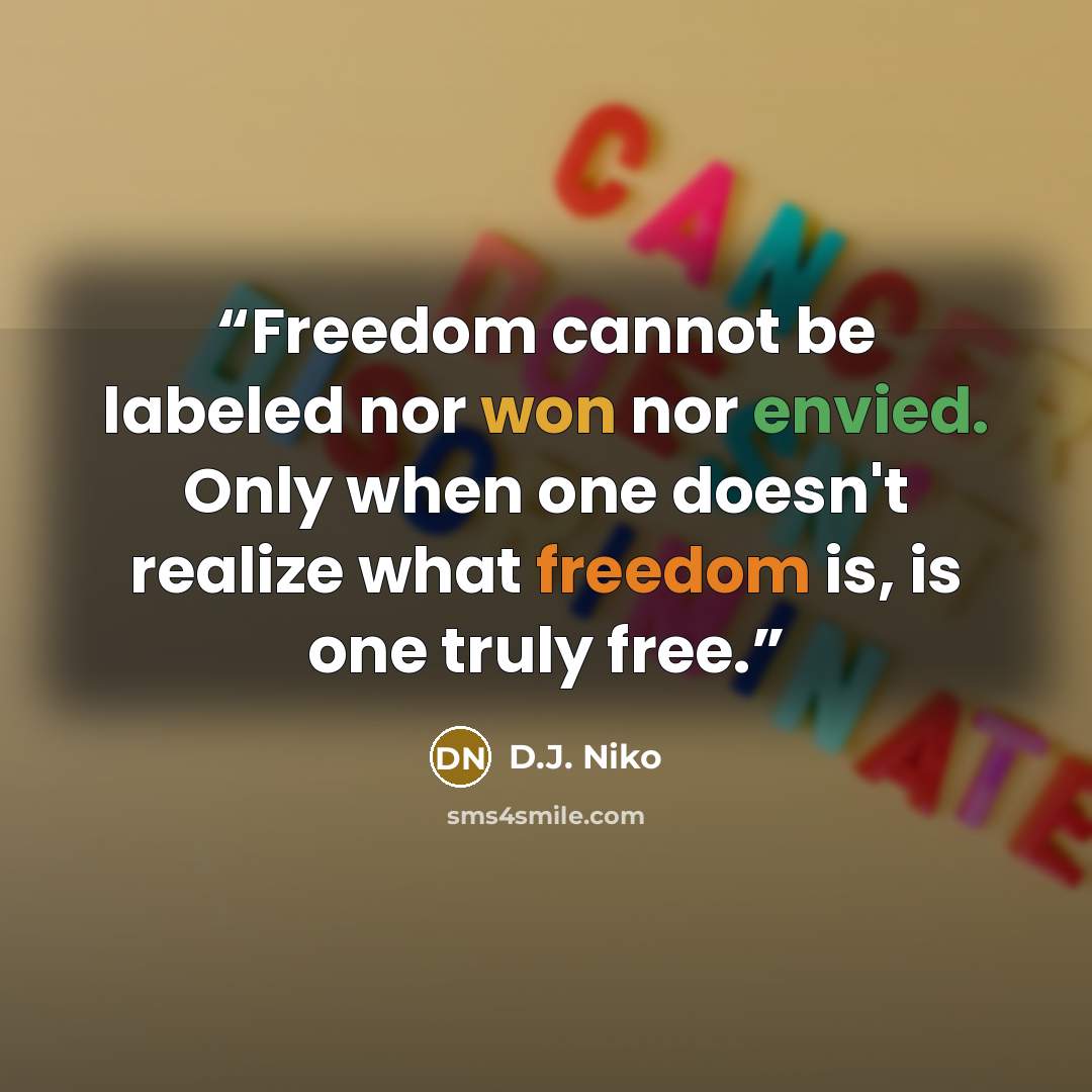 “Freedom cannot be labeled nor won nor envied. Only when one doesn't realize what freedom is, is one truly free.” quote by D.J. Niko