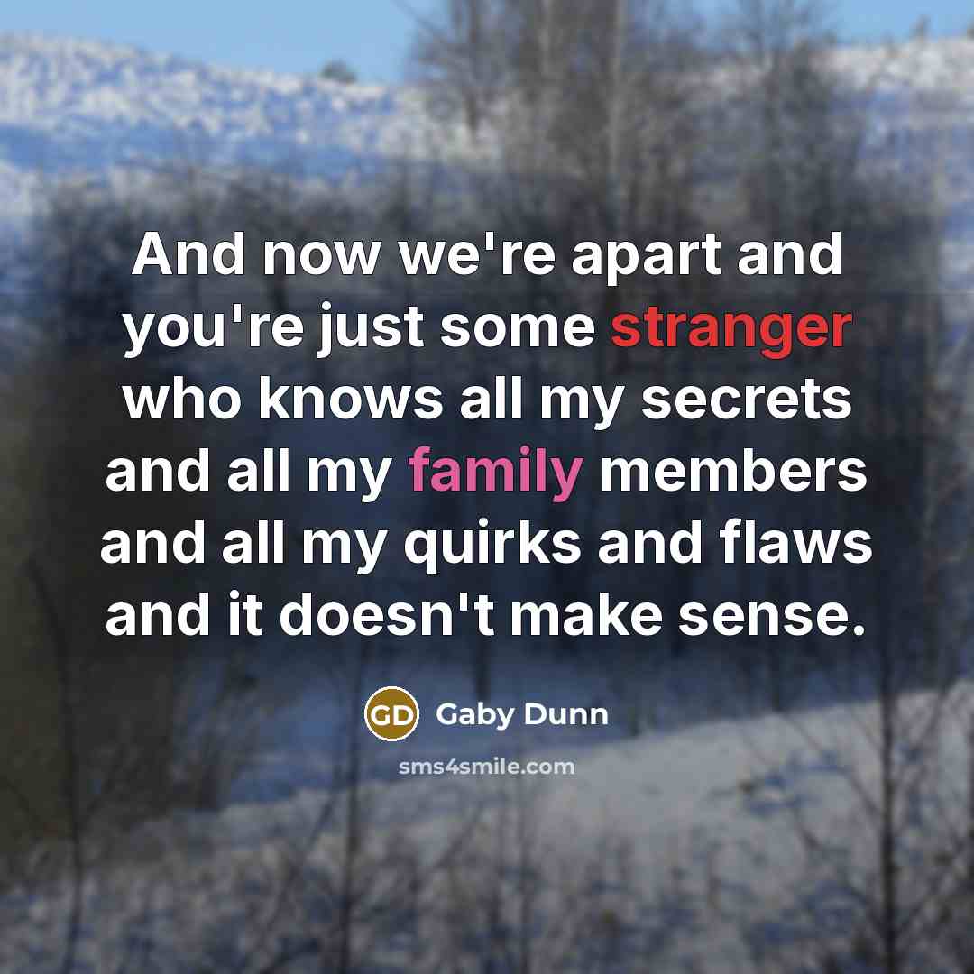 “And now we're apart and you're just some stranger who knows all my secrets and all my family members and all my quirks and flaws and it doesn't make sense.” quote by Gaby Dunn