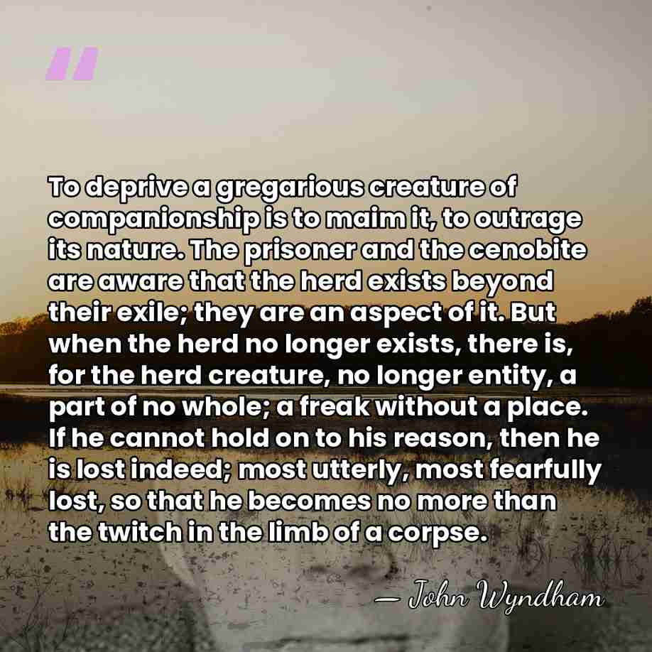 To deprive a gregarious creature of companionship is to maim it, to&hellip; - John Wyndham