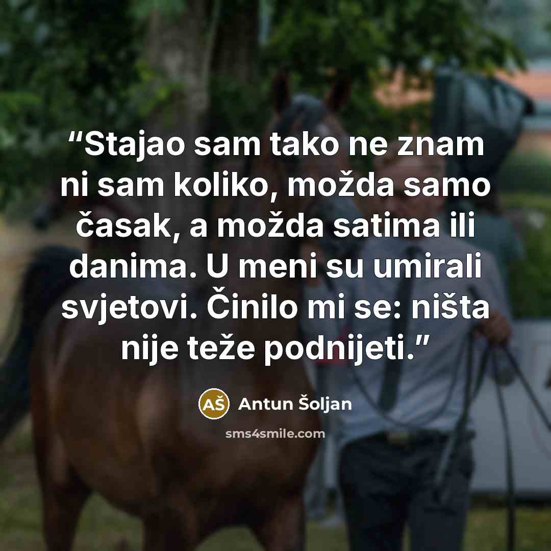 “Stajao sam tako ne znam ni sam koliko, možda samo časak, a možda satima ili danima. U meni su umirali svjetovi. Činilo mi se: ništa nije teže podnijeti.” quote by Antun Šoljan