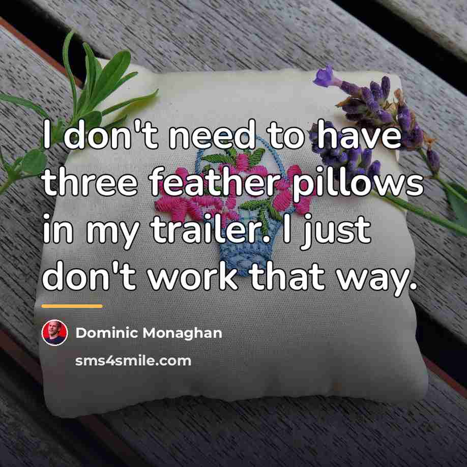 “I don't need to have three feather pillows in my…” quote by Dominic Monaghan