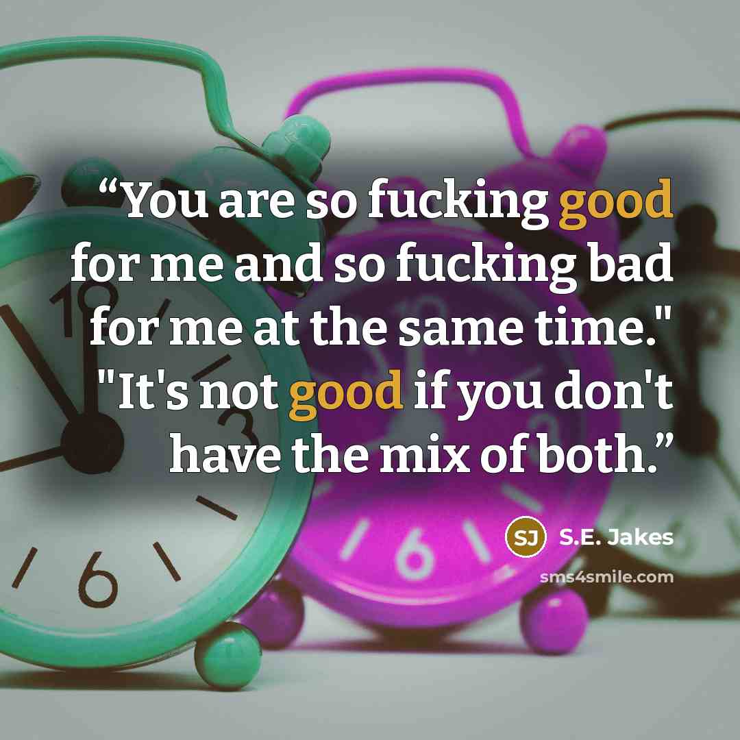 “You are so fucking good for me and so fucking bad for me at the same time." "It's not good if you don't have the mix of both.” quote by S.E. Jakes