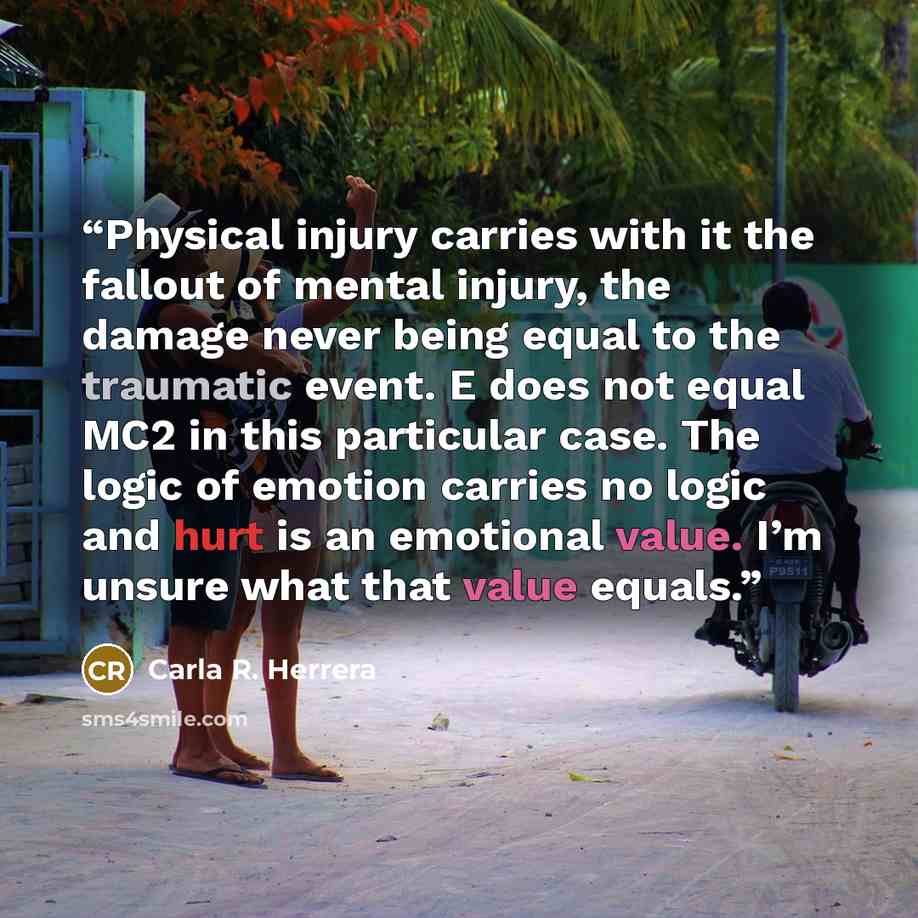 “Physical injury carries with it the fallout of mental injury, the damage never being equal to the traumatic event. E does not equal MC2 in this particular case. The logic of emotion carries no logic and hurt is an emotional value. I’m unsure what that value equals.” quote by Carla R. Herrera