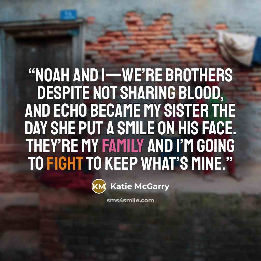 “Noah and I—we’re brothers despite not sharing blood, and Echo became my sister the day she put a smile on his face. They’re my family and I’m going to fight to keep what’s mine.” quote by Katie McGarry