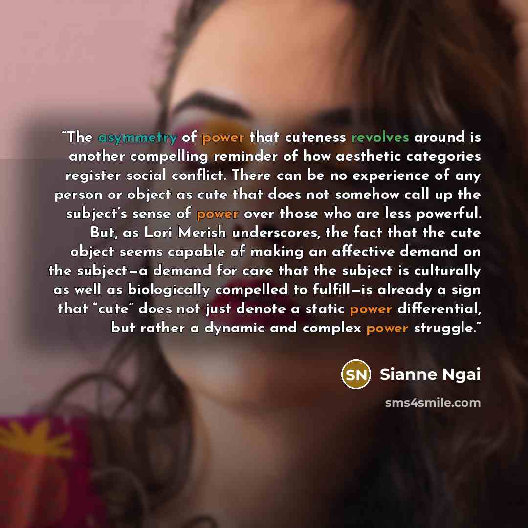 “The asymmetry of power that cuteness revolves around is another compelling reminder of how aesthetic categories register social conflict. There can be no experience of any person or object as cute that does not somehow call up the subject’s sense of power over those who are less powerful. But, as…” quote by Sianne Ngai