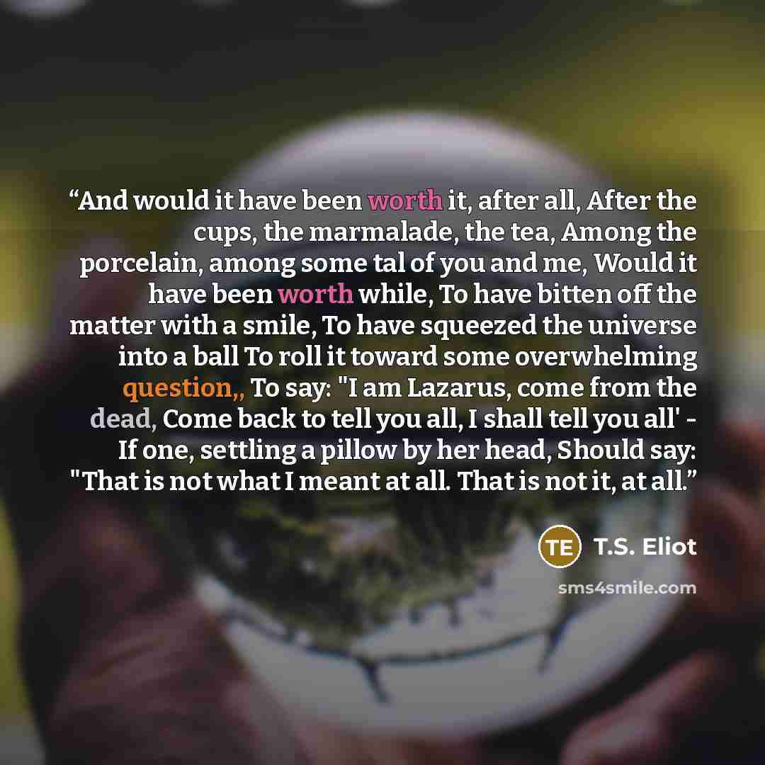 “And would it have been worth it, after all, After the cups, the marmalade, the tea, Among the porcelain, among some tal of you and me, Would it have been worth while, To have bitten off the matter with a smile, To have squeezed the universe into a ball To roll it toward some overwhelming…” quote by T.S. Eliot