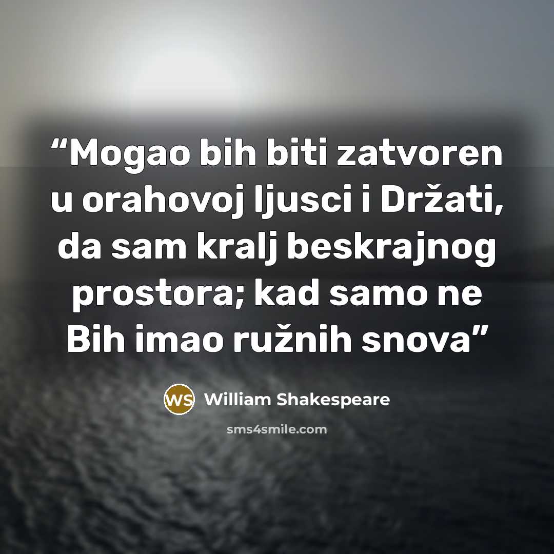 “Mogao bih biti zatvoren u orahovoj ljusci i Držati, da sam kralj beskrajnog prostora; kad samo ne Bih imao ružnih snova” quote by William Shakespeare