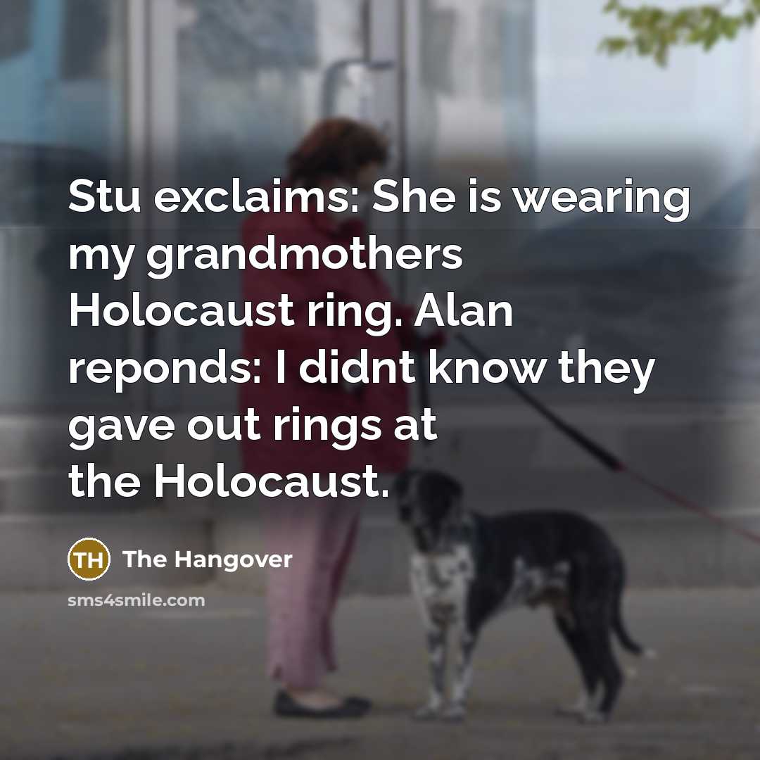 “Stu exclaims: She is wearing my grandmothers Holocaust ring. Alan…” quote by The Hangover
