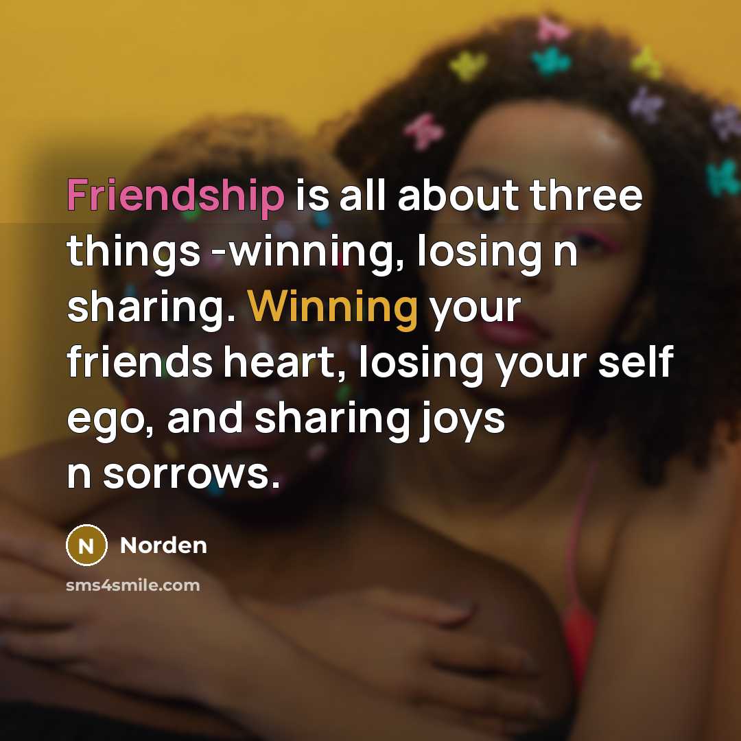 “Friendship is all about three things -winning, losing n sharing.…” quote by Norden