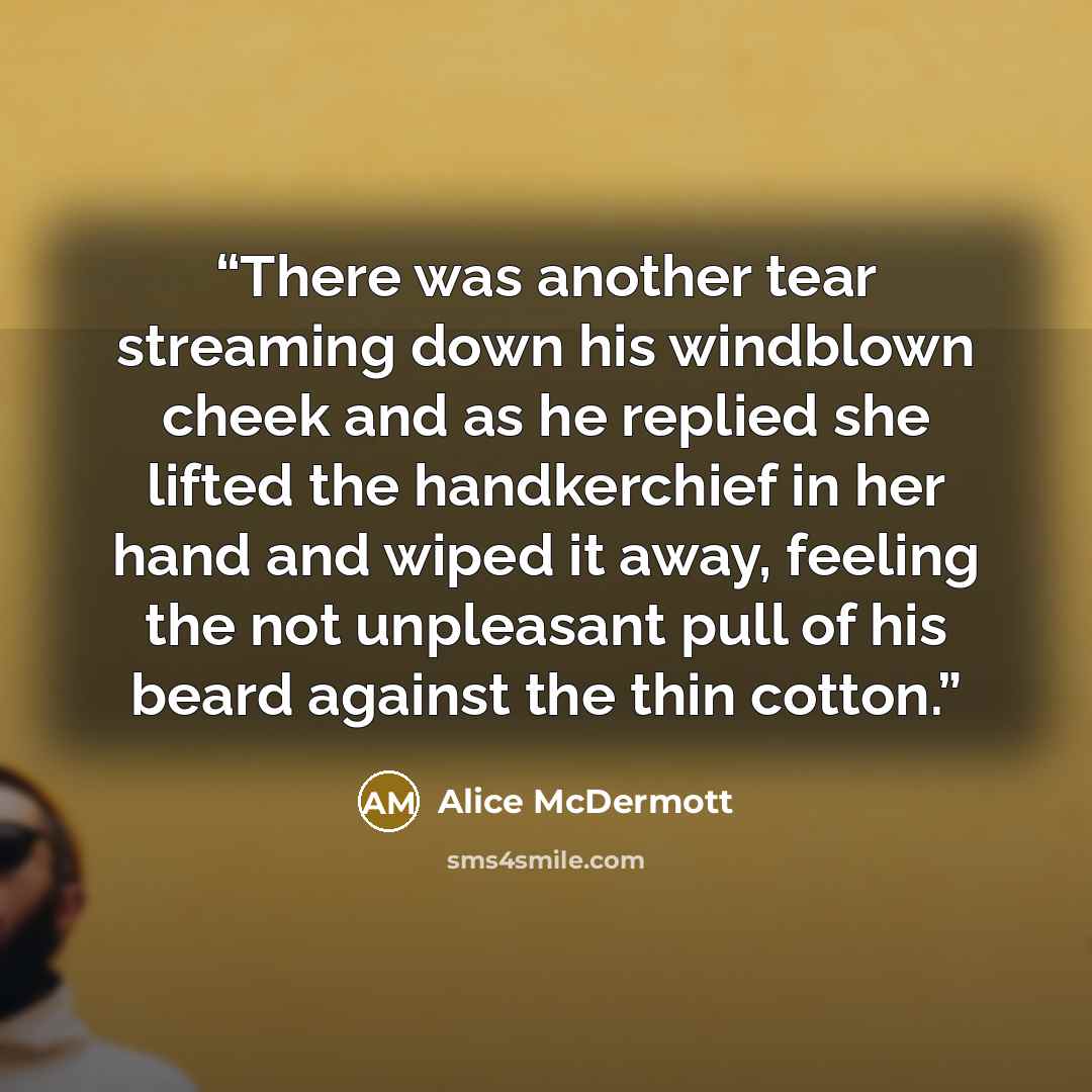 “There was another tear streaming down his windblown cheek and as he replied she lifted the handkerchief in her hand and wiped it away, feeling the not unpleasant pull of his beard against the thin cotton.” quote by Alice McDermott