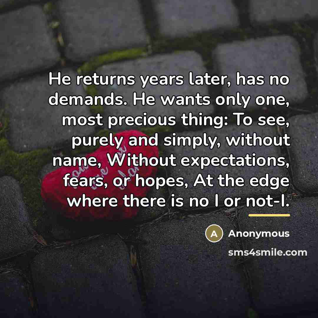 “He returns years later, has no demands. He wants only…” quote by Anonymous