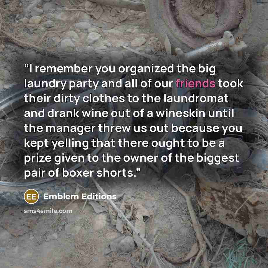 “I remember you organized the big laundry party and all of our friends took their dirty clothes to the laundromat and drank wine out of a wineskin until the manager threw us out because you kept yelling that there ought to be a prize given to the owner of the biggest pair of boxer shorts.” quote by Emblem Editions