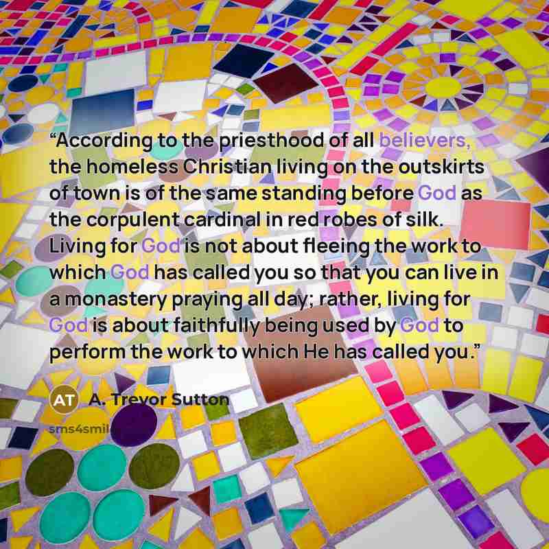 “According to the priesthood of all believers, the homeless Christian living on the outskirts of town is of the same standing before God as the corpulent cardinal in red robes of silk. Living for God is not about fleeing the work to which God has called you so that you can live in a monastery…” quote by A. Trevor Sutton