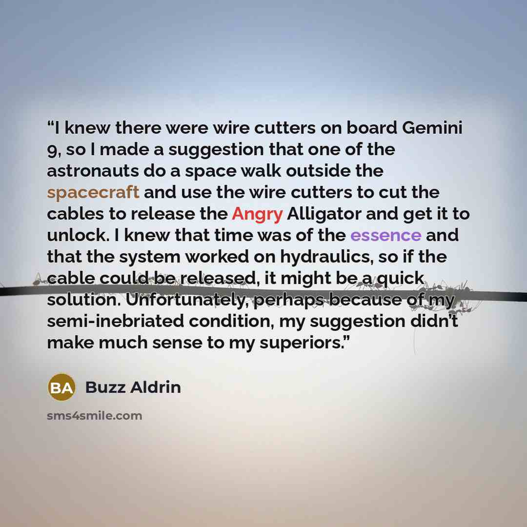 “I knew there were wire cutters on board Gemini 9, so I made a suggestion that one of the astronauts do a space walk outside the spacecraft and use the wire cutters to cut the cables to release the Angry Alligator and get it to unlock. I knew that time was of the essence and that the system worked…” quote by Buzz Aldrin
