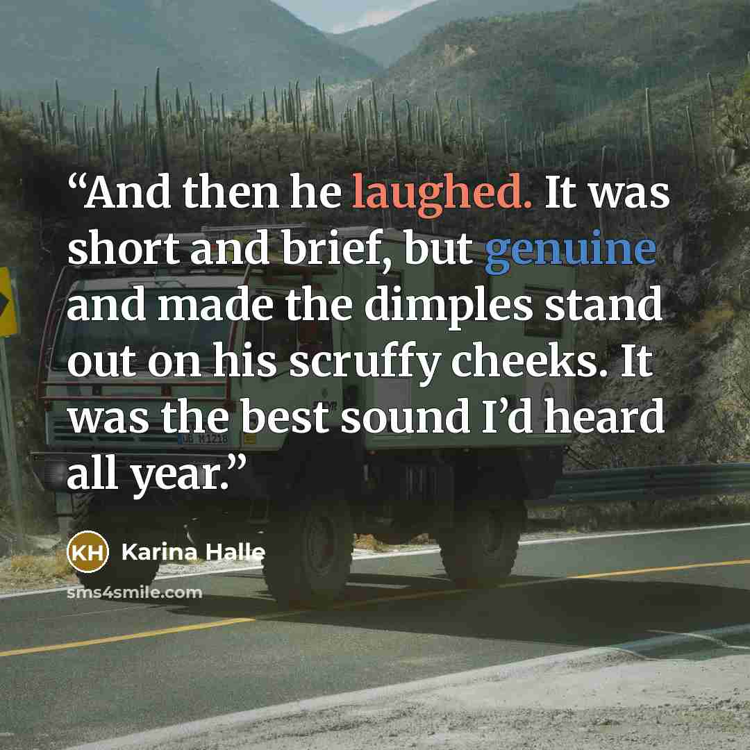 “And then he laughed. It was short and brief, but genuine and made the dimples stand out on his scruffy cheeks. It was the best sound I’d heard all year.” quote by Karina Halle