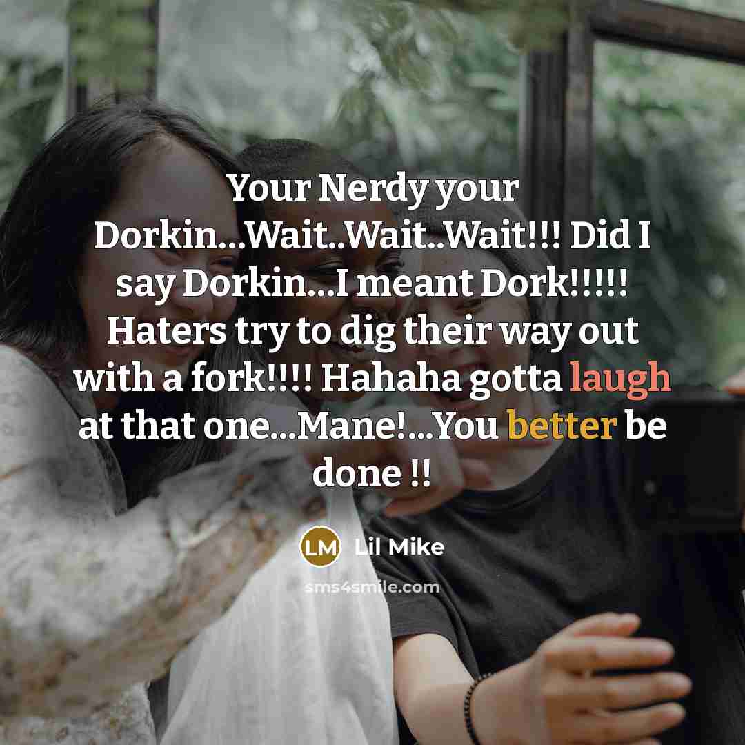 “Your Nerdy your Dorkin…Wait..Wait..Wait!!! Did I say Dorkin…I meant Dork!!!!! Haters try to dig their way out with a fork!!!! Hahaha gotta laugh at that one...Mane!...You better be done !!” quote by Lil Mike