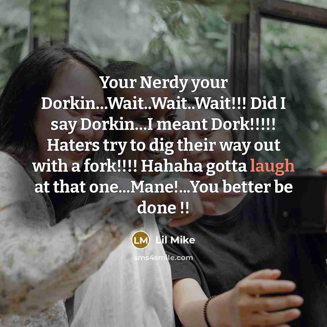 “Your Nerdy your Dorkin…Wait..Wait..Wait!!! Did I say Dorkin…I meant Dork!!!!! Haters try to dig their way out with a fork!!!! Hahaha gotta laugh at that one...Mane!...You better be done !!” quote by Lil Mike