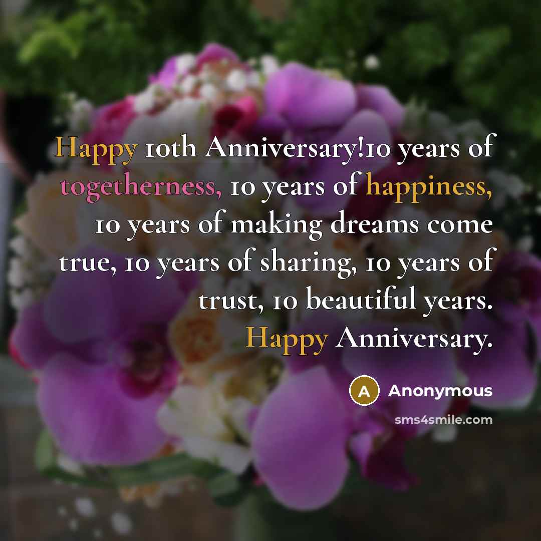 “Happy 10th Anniversary!10 years of togetherness, 10 years of happiness,…” quote by Anonymous
