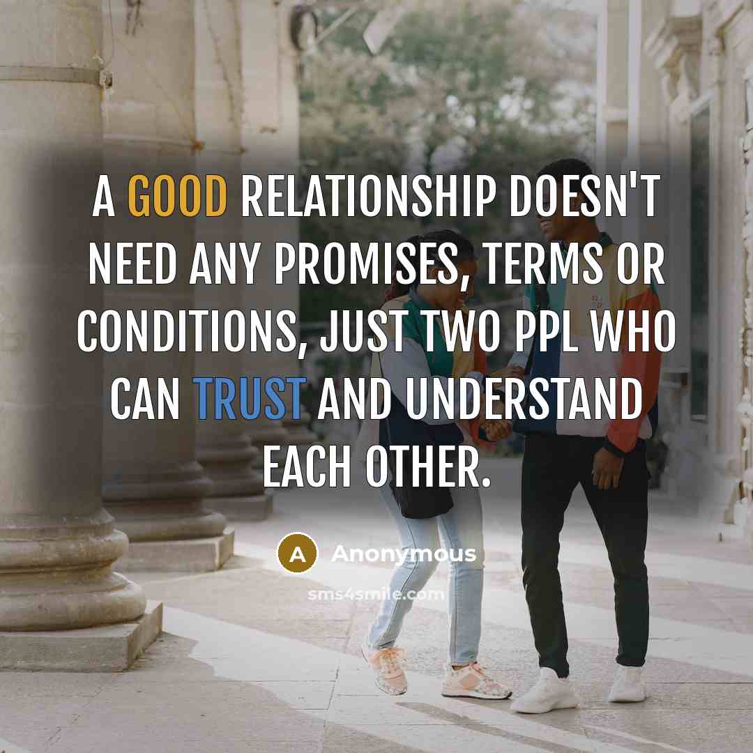 “A good relationship doesn't need any promises, terms or conditions, just two ppl who can trust and understand each other.” quote by Anonymous
