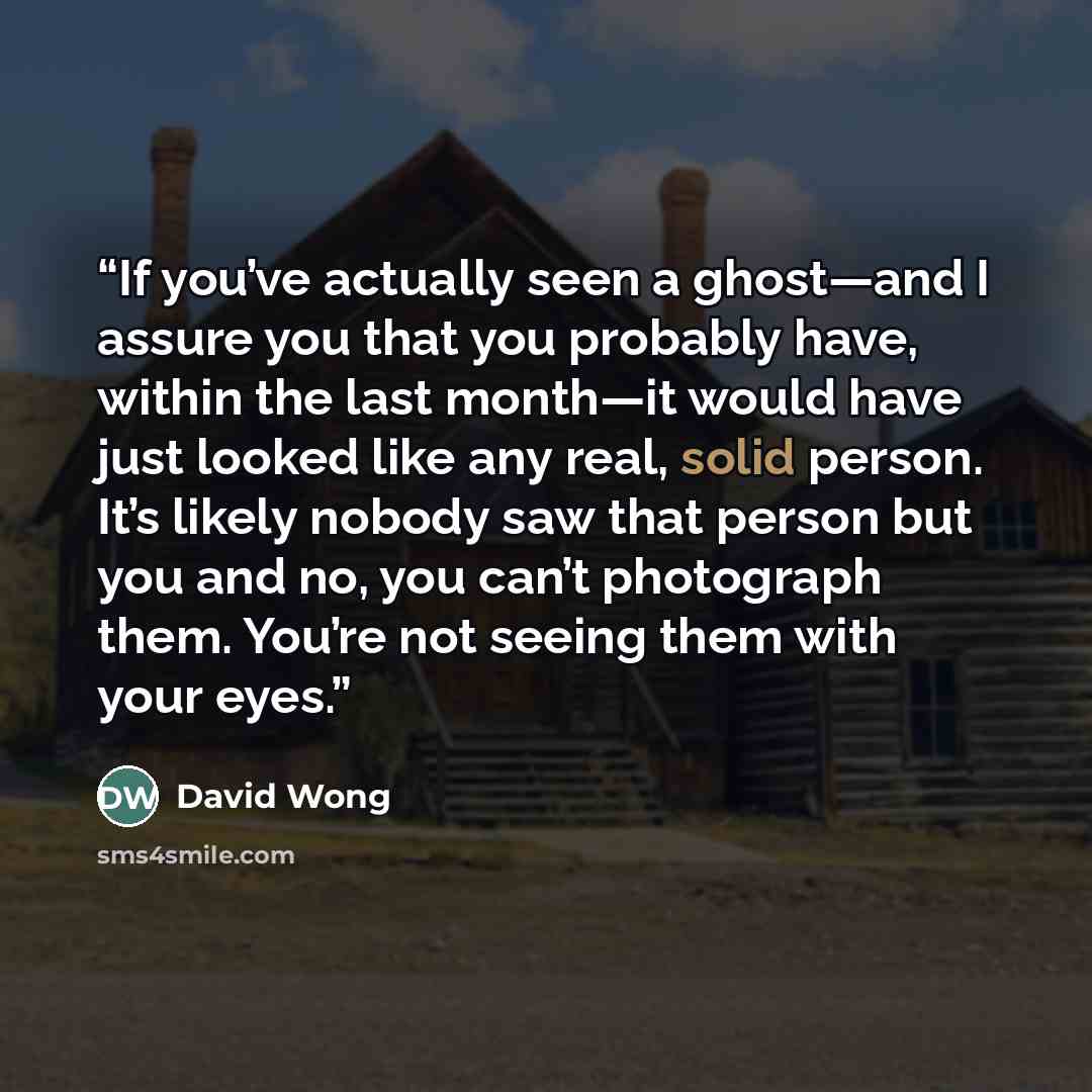 “If you’ve actually seen a ghost—and I assure you that you probably have, within the last month—it would have just looked like any real, solid person. It’s likely nobody saw that person but you and no, you can’t photograph them. You’re not seeing them with your eyes.” quote by David Wong