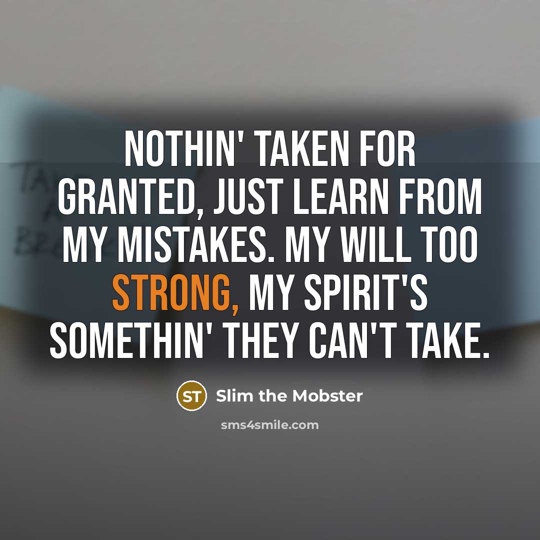 “Nothin' taken for granted, just learn from my mistakes. My will too strong, my spirit's somethin' they can't take.” quote by Slim the Mobster