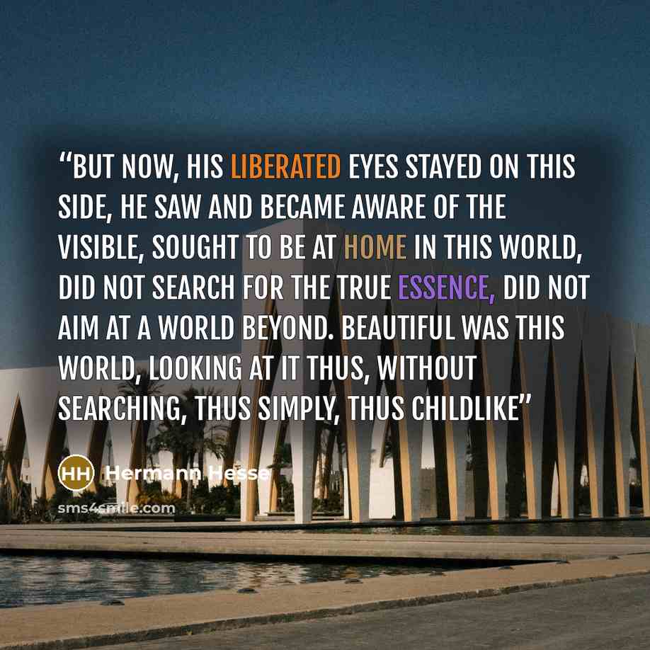 “But now, his liberated eyes stayed on this side, he saw and became aware of the visible, sought to be at home in this world, did not search for the true essence, did not aim at a world beyond. Beautiful was this world, looking at it thus, without searching, thus simply, thus childlike” quote by Hermann Hesse