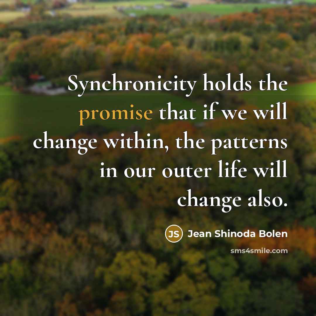“Synchronicity holds the promise that if we will change within, the patterns in our outer life will change also.” quote by Jean Shinoda Bolen