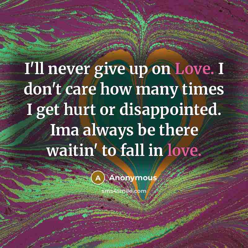 “I'll never give up on Love. I don't care how many times I get hurt or disappointed. Ima always be there waitin' to fall in love.” quote by Anonymous