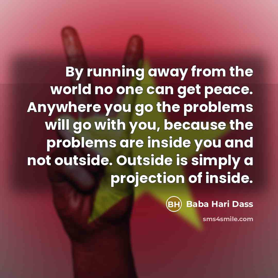 “By running away from the world no one can get peace. Anywhere you go the problems will go with you, because the problems are inside you and not outside. Outside is simply a projection of inside.” quote by Baba Hari Dass