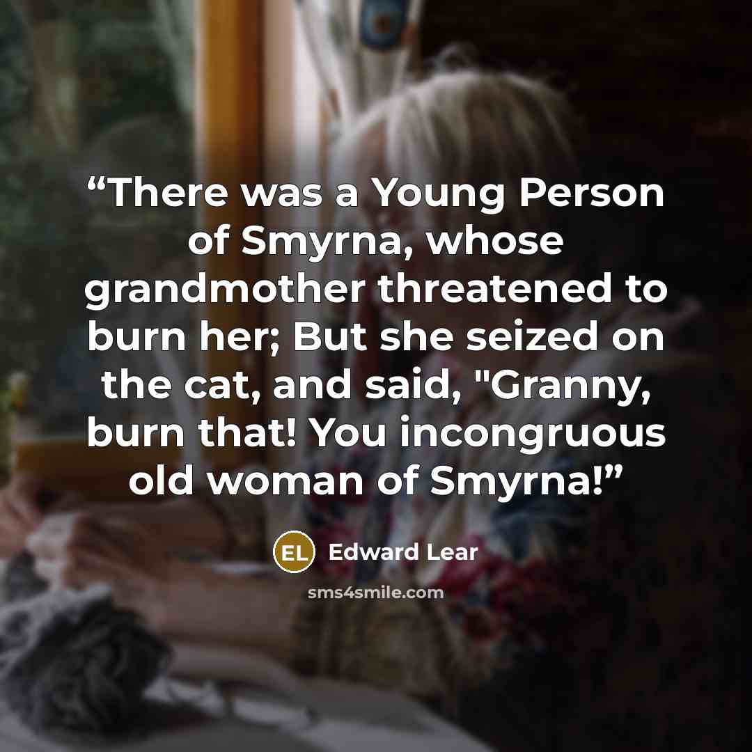 “There was a Young Person of Smyrna, whose grandmother threatened to burn her; But she seized on the cat, and said, "Granny, burn that! You incongruous old woman of Smyrna!” quote by Edward Lear