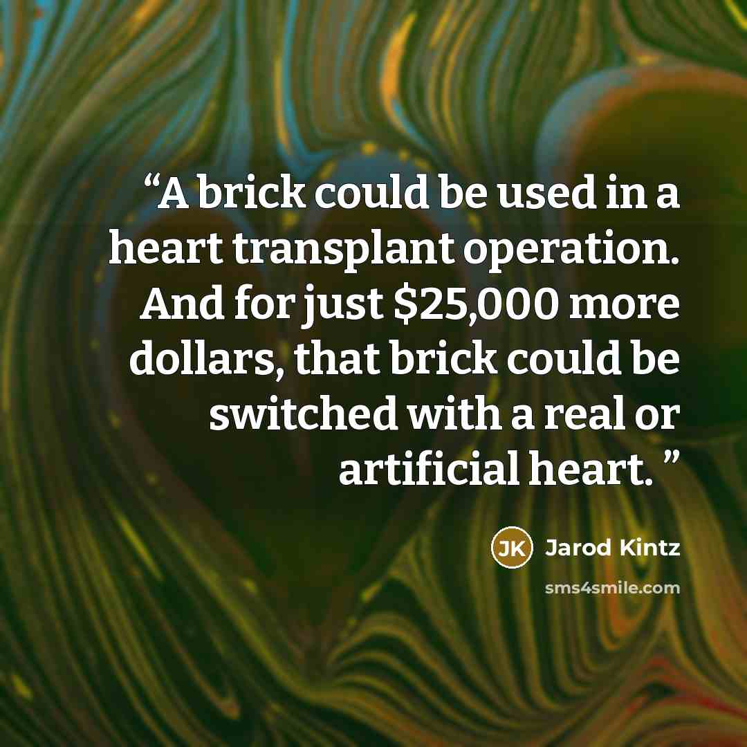 “A brick could be used in a heart transplant operation. And for just $25,000 more dollars, that brick could be switched with a real or artificial heart.” quote by Jarod Kintz