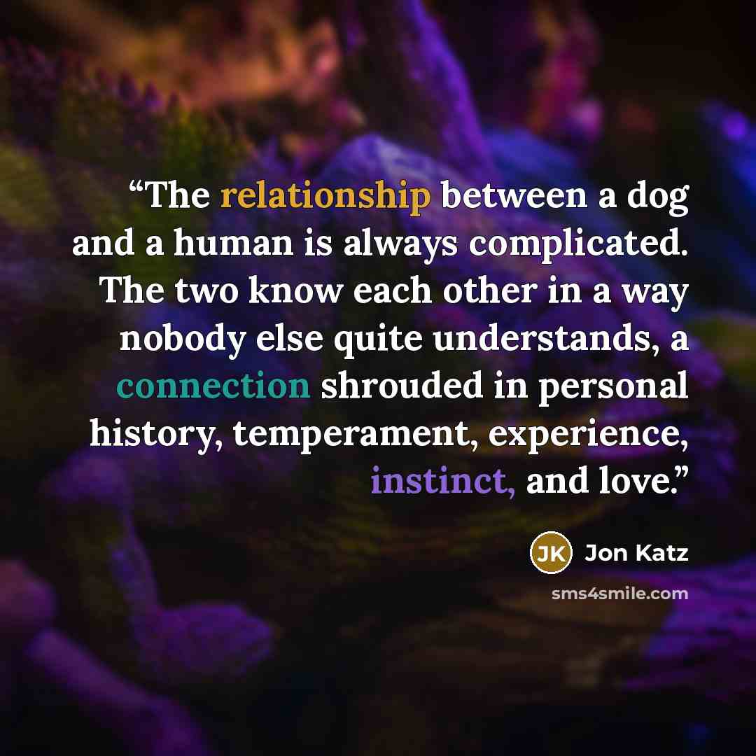 “The relationship between a dog and a human is always complicated. The two know each other in a way nobody else quite understands, a connection shrouded in personal history, temperament, experience, instinct, and love.” quote by Jon Katz