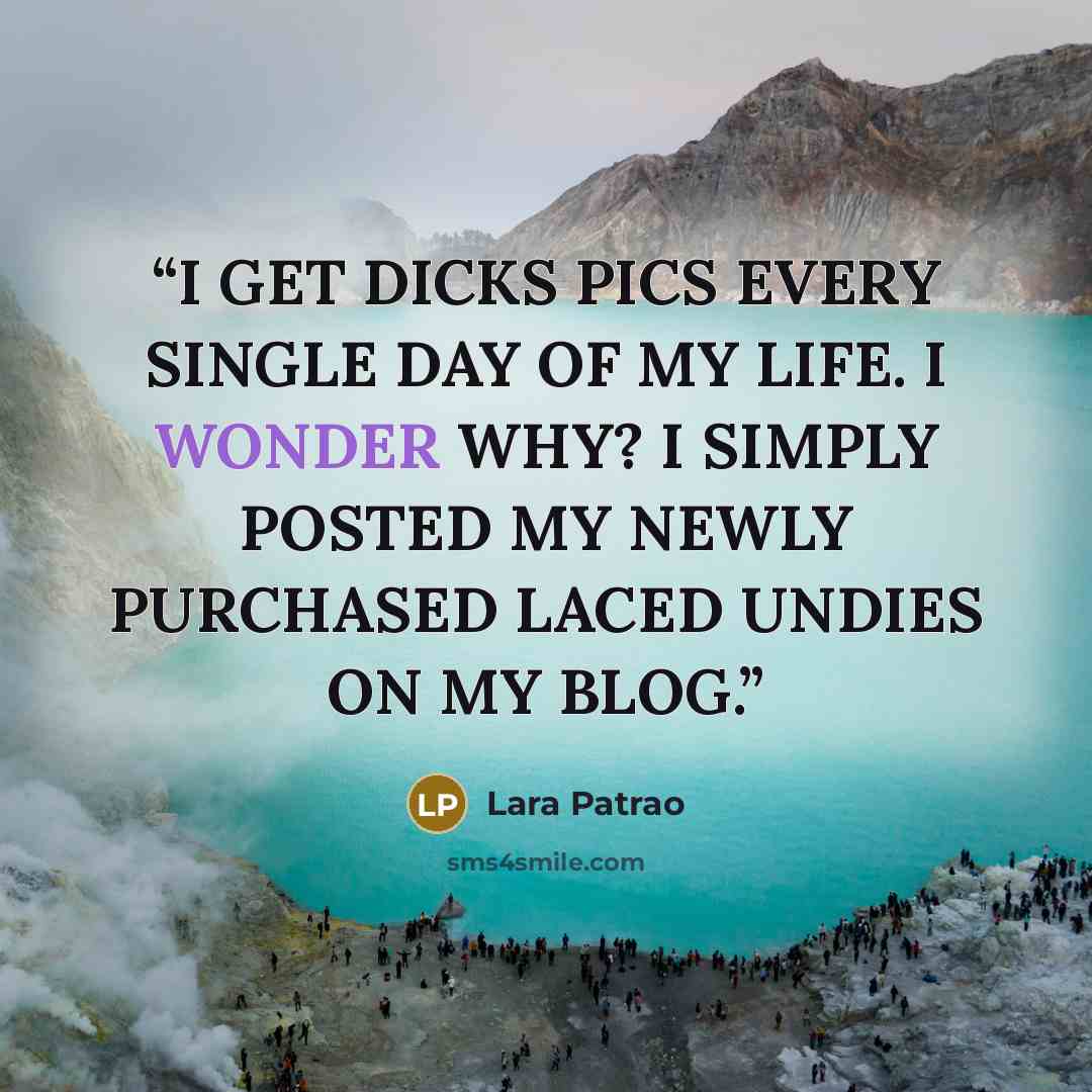 “I GET DICKS PICS EVERY SINGLE DAY OF MY LIFE. I WONDER WHY? I SIMPLY POSTED MY NEWLY PURCHASED LACED UNDIES ON MY BLOG.” quote by Lara Patrao