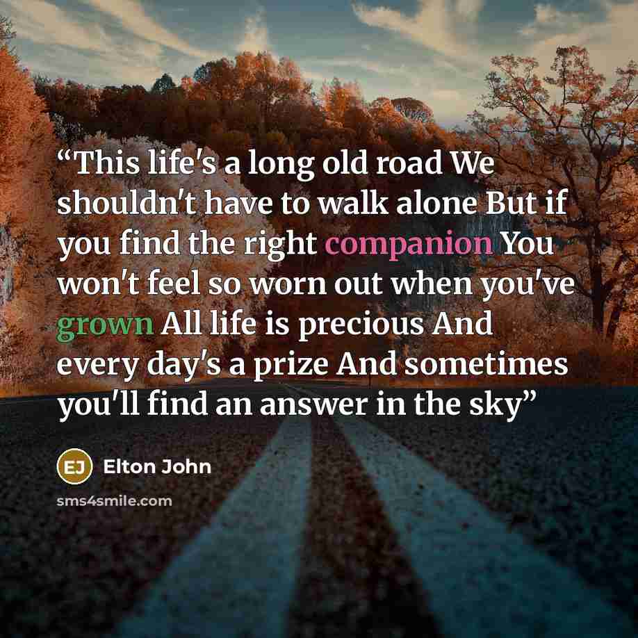 “This life's a long old road We shouldn't have to walk alone But if you find the right companion You won't feel so worn out when you've grown All life is precious And every day's a prize And sometimes you'll find an answer in the sky” quote by Elton John