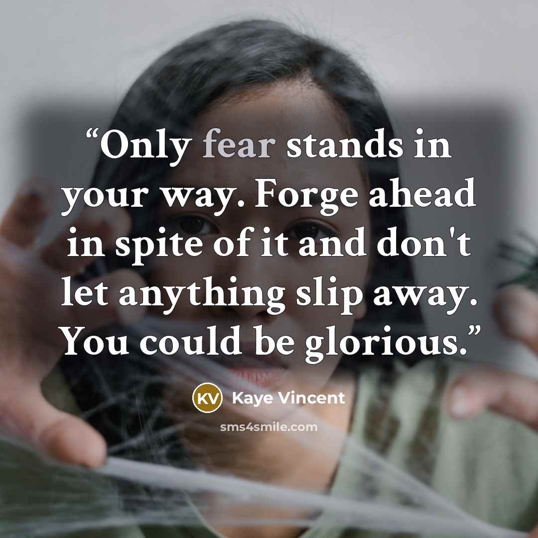 “Only fear stands in your way. Forge ahead in spite of it and don't let anything slip away. You could be glorious.” quote by Kaye Vincent