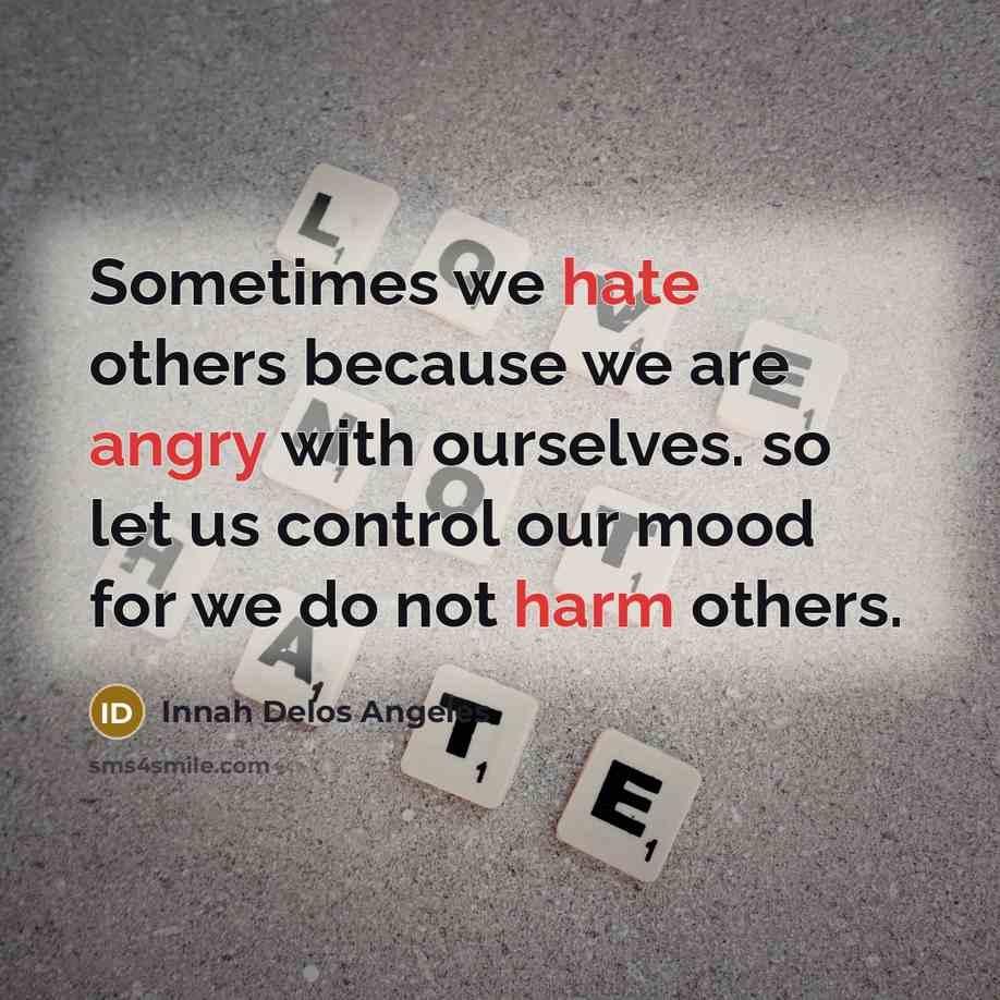 “Sometimes we hate others because we are angry with ourselves. so let us control our mood for we do not harm others.” quote by Innah Delos Angeles