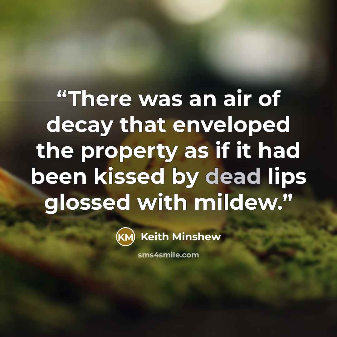 “There was an air of decay that enveloped the property as if it had been kissed by dead lips glossed with mildew.” quote by Keith Minshew