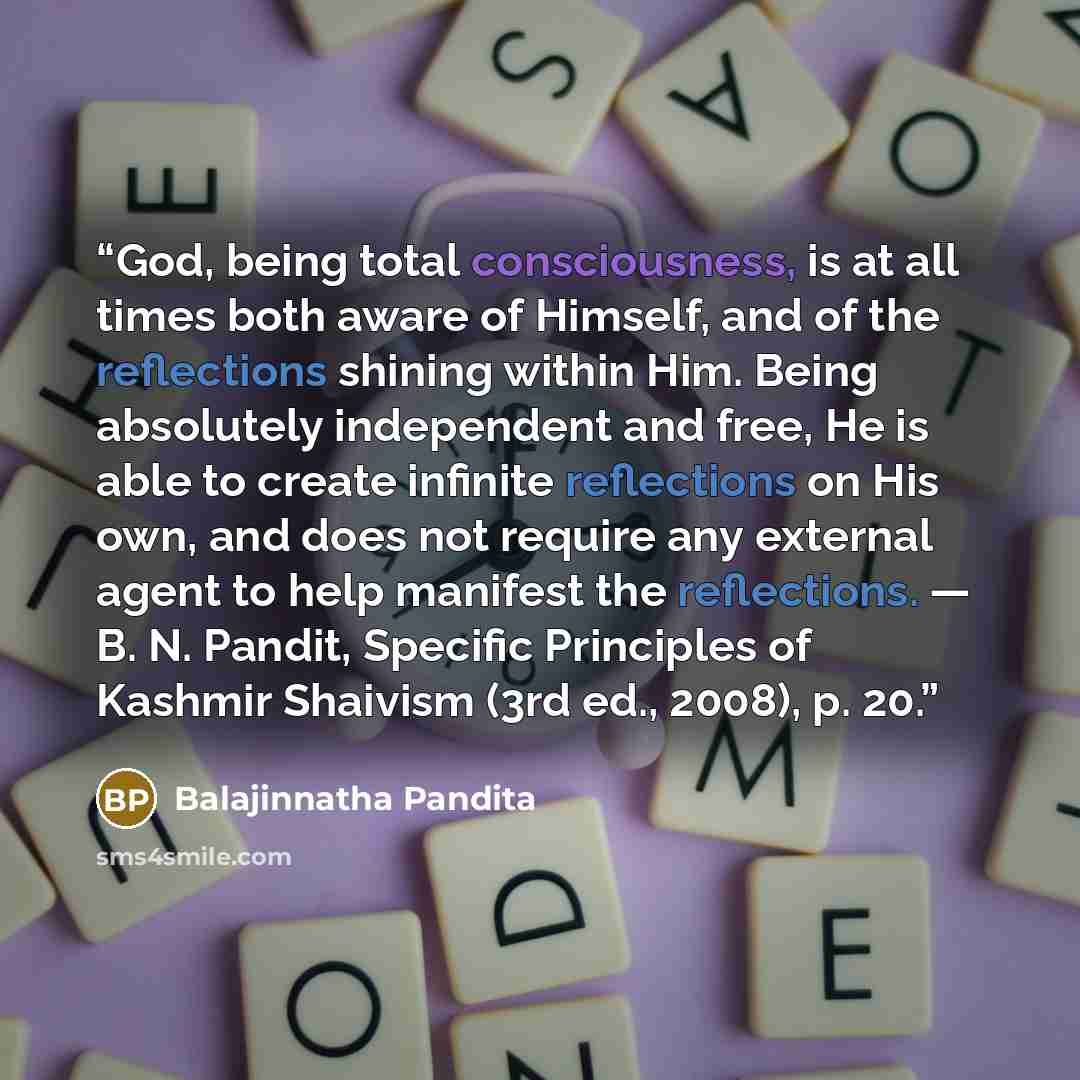 “God, being total consciousness, is at all times both aware of Himself, and of the reflections shining within Him. Being absolutely independent and free, He is able to create infinite reflections on His own, and does not require any external agent to help manifest the reflections. — B. N. Pandit…” quote by Balajinnatha Pandita