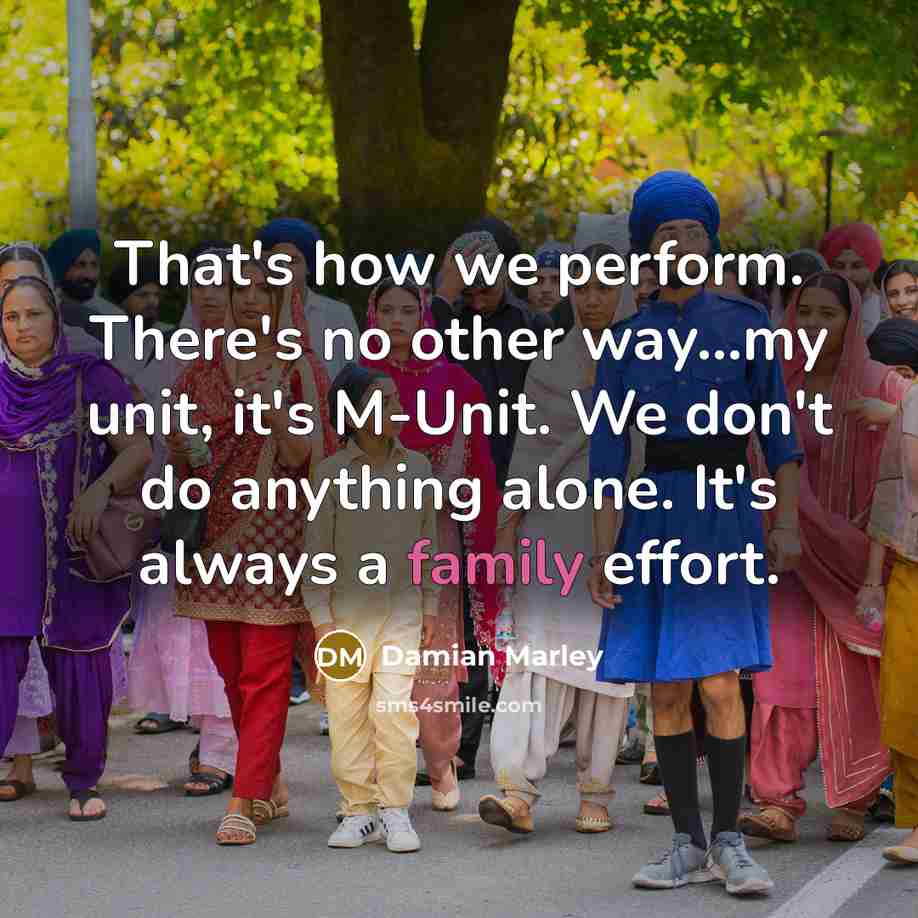 “That's how we perform. There's no other way...my unit, it's M-Unit. We don't do anything alone. It's always a family effort.” quote by Damian Marley