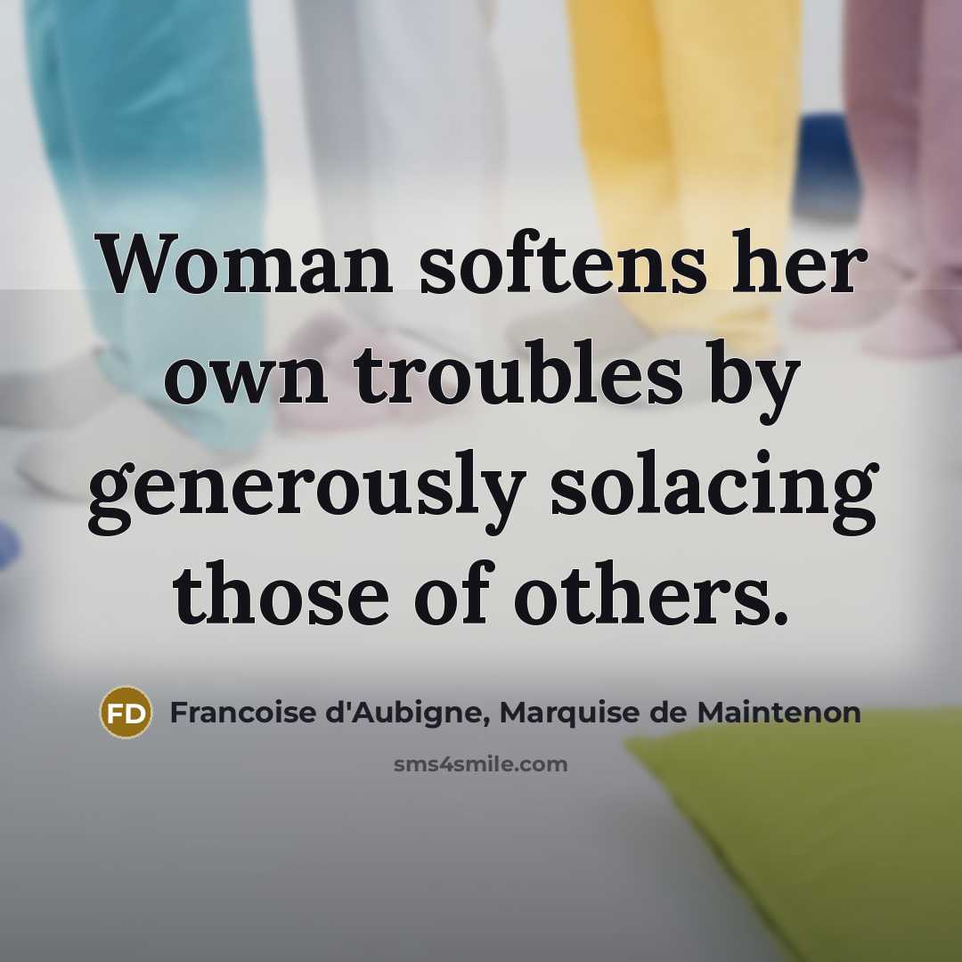 “Woman softens her own troubles by generously solacing those of…” quote by Francoise d'Aubigne, Marquise de Maintenon