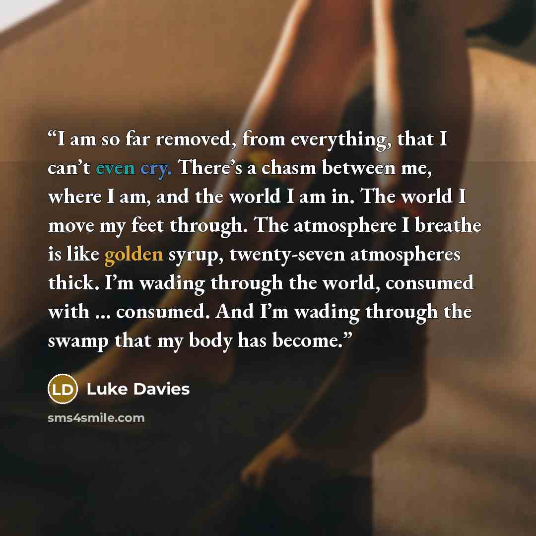 “I am so far removed, from everything, that I can’t even cry. There’s a chasm between me, where I am, and the world I am in. The world I move my feet through. The atmosphere I breathe is like golden syrup, twenty-seven atmospheres thick. I’m wading through the world, consumed with … consumed. And…” quote by Luke Davies
