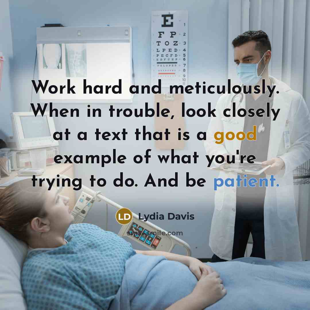 “Work hard and meticulously. When in trouble, look closely at…” quote by Lydia Davis