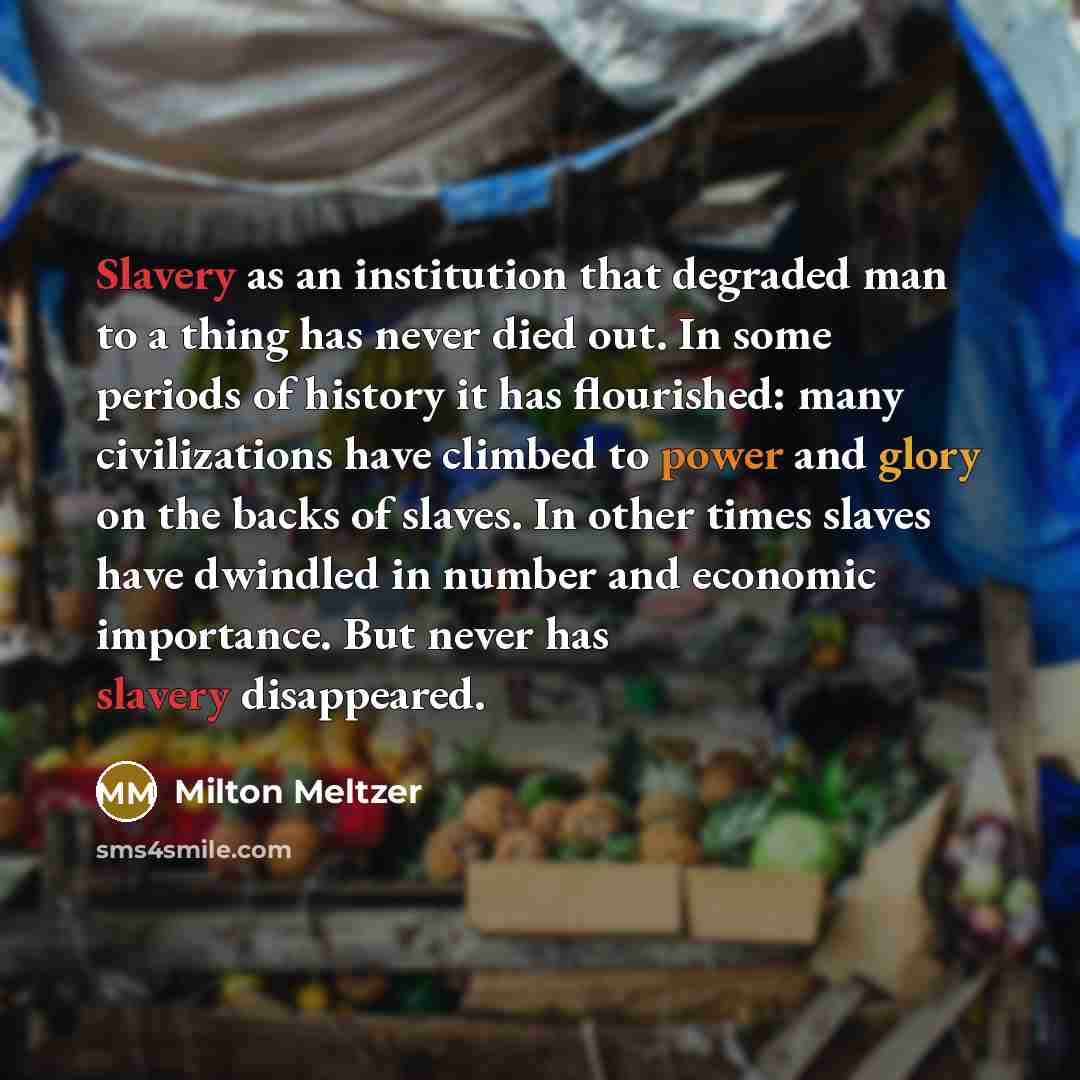 “Slavery as an institution that degraded man to a thing…” quote by Milton Meltzer