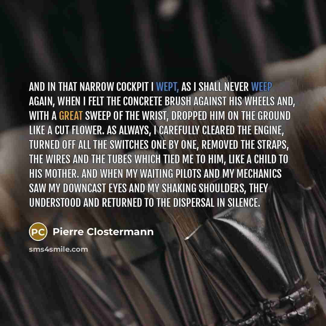 “And in that narrow cockpit I wept, as I shall…” quote by Pierre Clostermann